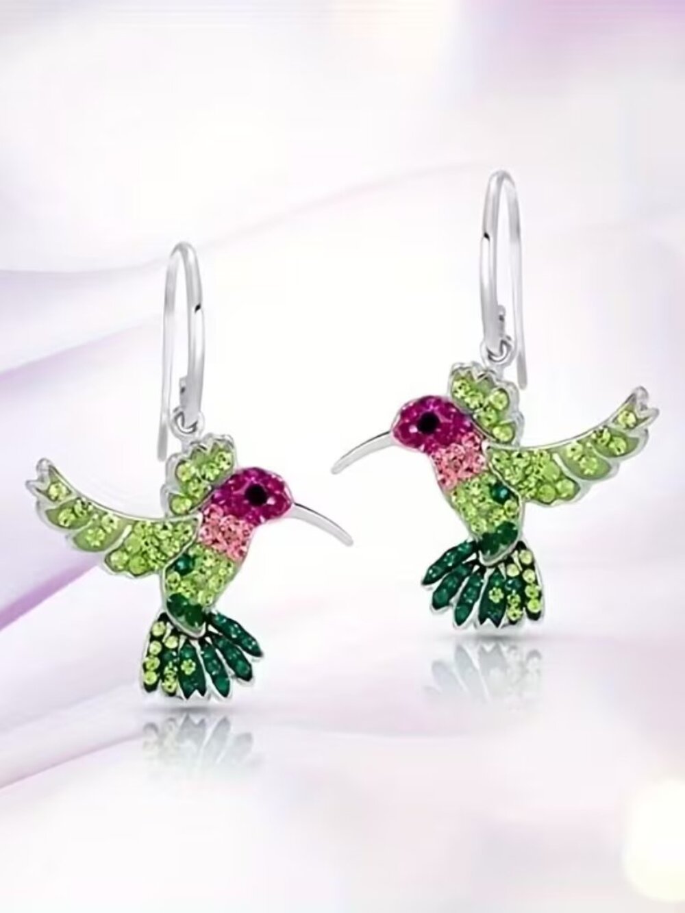 Hummingbird Crystal Pendant Necklace and Earrings Set - Pink & Green - Picture 5 of 5